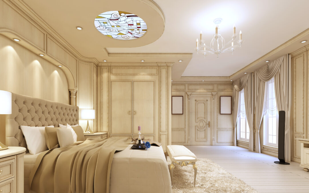 Luxurious bedroom in pastel colours in a neoclassical style, with a large bed and a dressing table with TV unit. 3D render