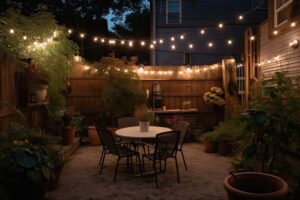 a private outdoor patio with a garden view and bistro lighting