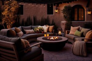 patio with cozy outdoor lounge area and firepit for warm nights