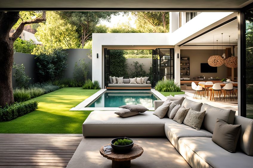 outdoor space with comfortable lawn and outdoor sofa next to pool in modern patio