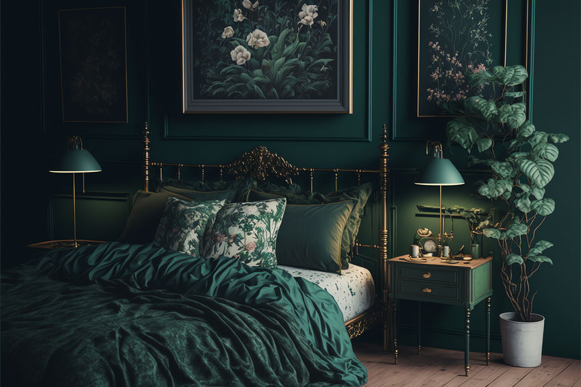illustration of boho style interior, bedroom with green wall, created with generative ai technology.