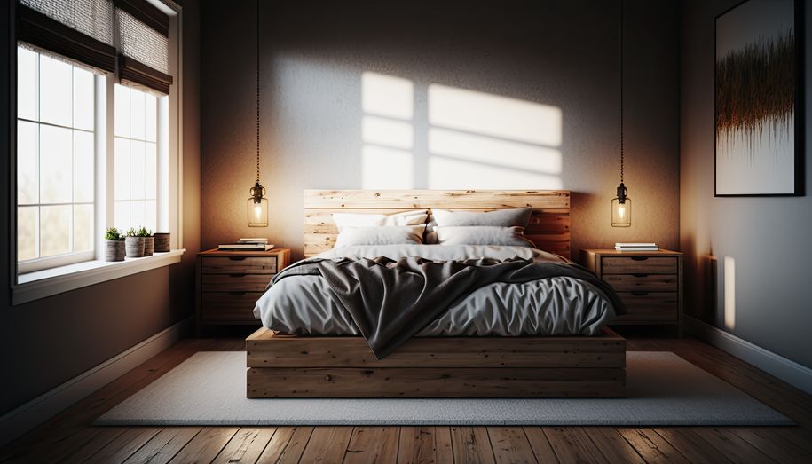 wooden bed room illustration by generative ai