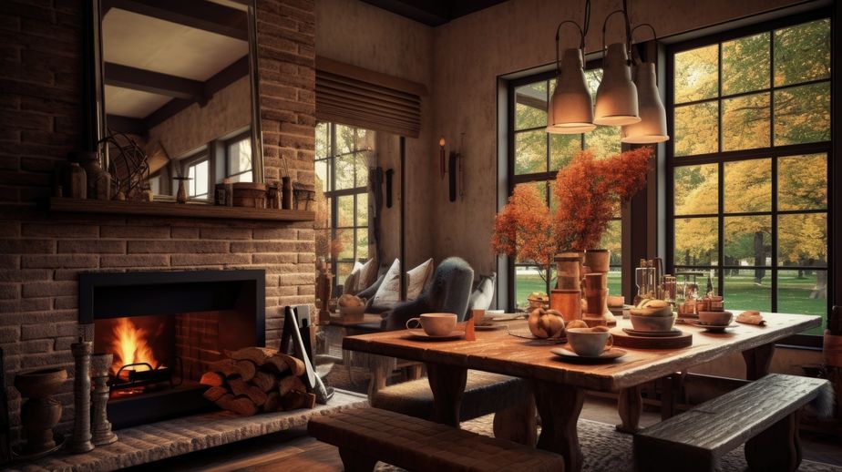 Interior design inspiration of Farmhouse Rustic style home dining room loveliness decorated with Brick and Leather material and Fireplace