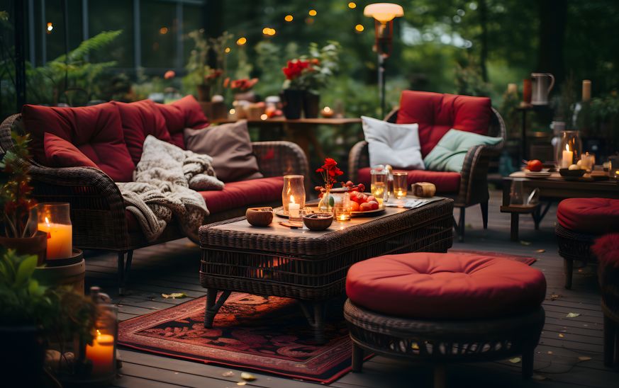 Luxury terrace in the garden with furniture and candles.