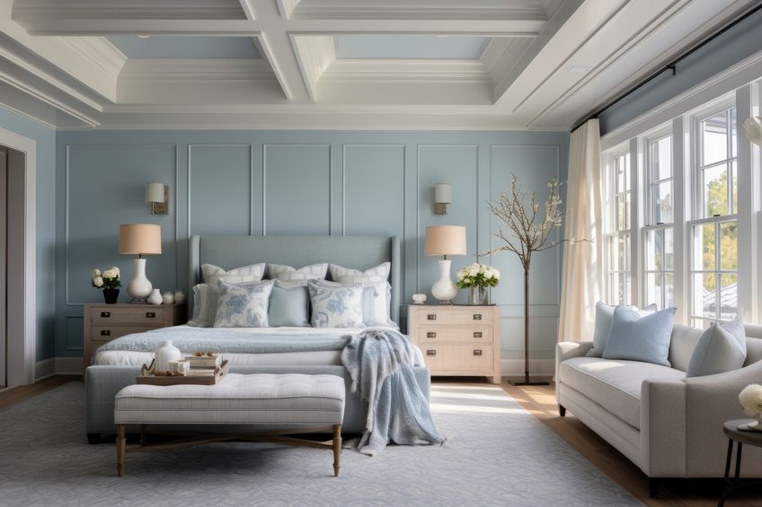 gorgeous light blue custom master bedroom with wainscoting wall, fresh paint, molding, hardwood floors, and coffered ceiling.