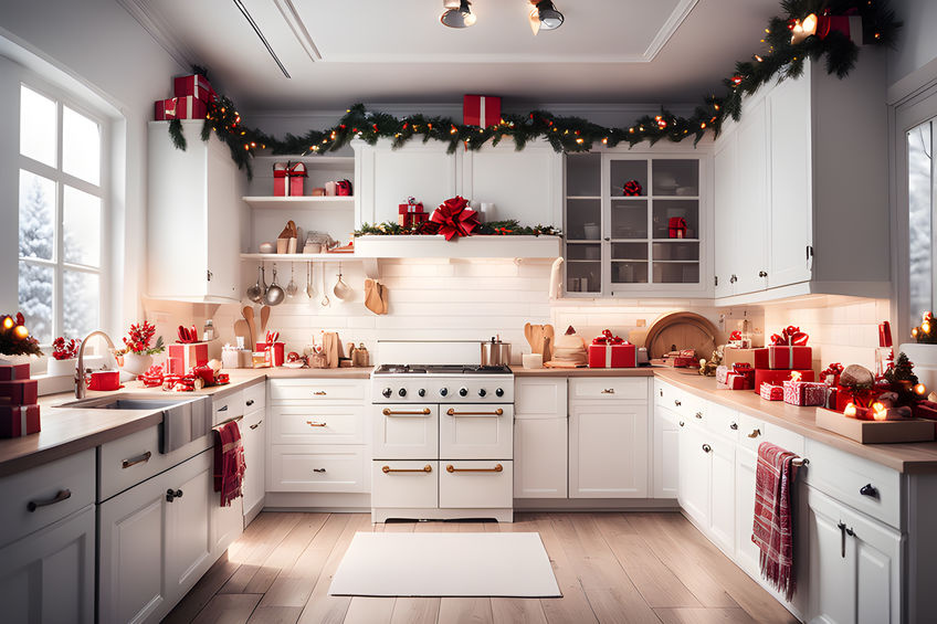 newly redesigned kitchen decorated for the holidays 