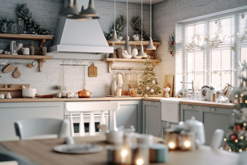 Interior light grey kitchen and red christmas decor Preparing lunch at home on the kitchen concept focus on the branches of fir