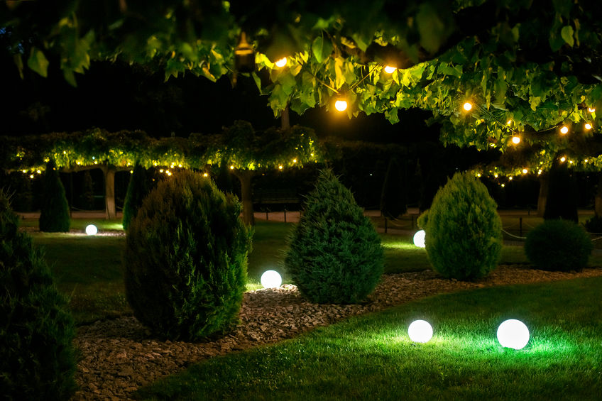 nighttime illumination backyard light garden with electric ground sphere lanterns