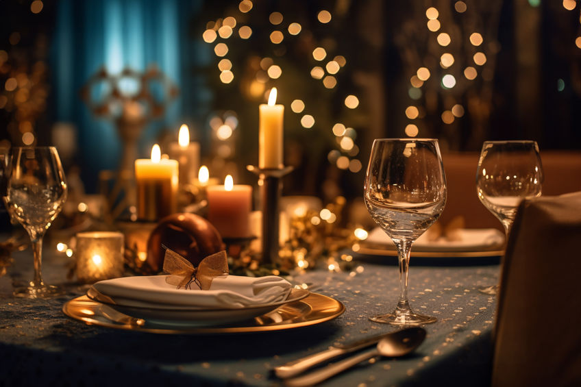 holiday table setup with fine glassware, candles and mood lighting  