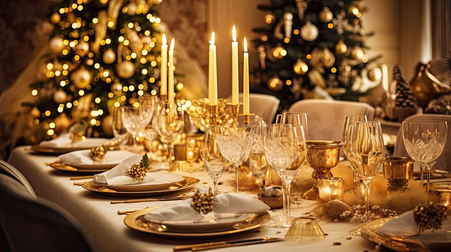 dining golden Christmas illustration table dinner, elegantly cutlery, sparkling candle dining golden Christmas