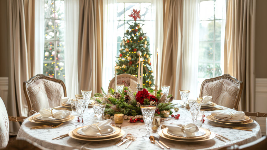 Elegant Christmas Dining Table with Holiday Decorations in a Bright Room. Concept of Festive Celebration, Holiday Meal, Table Setting, Family Gathering, Seasonal Décor. 