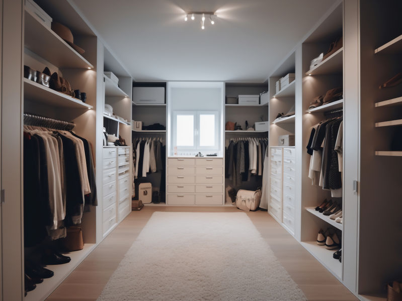 closet with clothes and accessories in a modern dressing room.