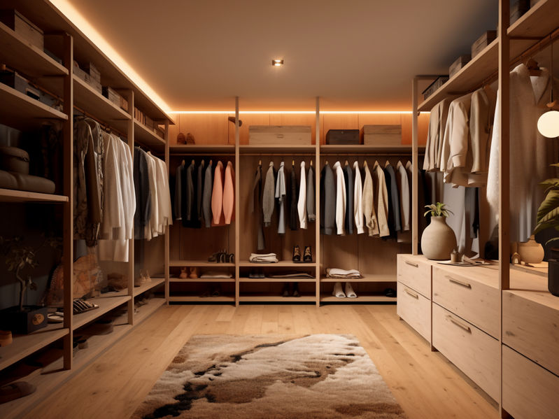 closet with clothes and accessories in a modern dressing room.