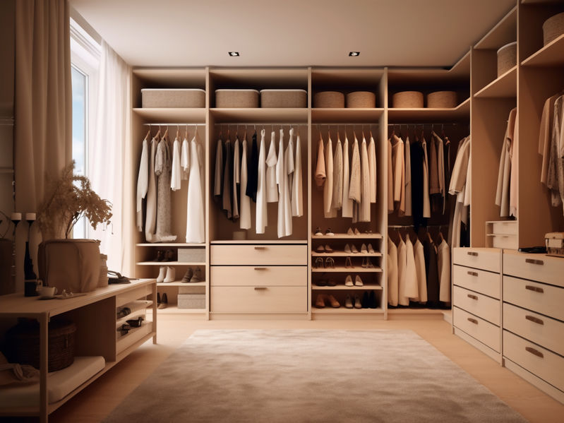 closet with clothes and accessories in a modern dressing room.